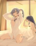  2girls blanket blue_eyes blue_hair blurry blurry_background breasts closed_mouth collared_shirt fu_hua grey_hair hair_between_eyes hair_tie_in_mouth highres honkai_(series) honkai_impact_3rd long_hair long_sleeves maiqo mouth_hold multiple_girls naked_shirt nipples partially_unbuttoned raiden_mei see-through see-through_shirt shirt sitting sleepy small_breasts tying_hair under_covers white_shirt 