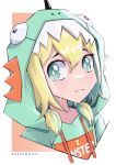  1girl amano_pikamee artist_name bakedmochi bangs blonde_hair border bright_pupils cropped_torso crying dinosaur_hood drawstring english_commentary frown green_eyes green_hair green_hoodie hair_between_eyes hair_over_shoulder highres hood hoodie looking_at_viewer low_twintails multicolored_hair orange_background short_hair solo twintails two-tone_hair virtual_youtuber voms white_background white_border white_pupils 