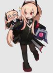  2girls :d armband black_jacket black_skirt blank_eyes blonde_hair blush_stickers carrying carrying_person chesed_(uporyz) chibi commentary_request dinergate_(girls&#039;_frontline) fang full_body girls&#039;_frontline grey_background hair_between_eyes headset highres jacket long_hair looking_at_another m4_sopmod_ii_(girls&#039;_frontline) m4_sopmod_ii_jr multicolored_hair multiple_girls o_o open_mouth pantyhose red_armband red_eyes red_hair scarf simple_background skin_fang skirt smile streaked_hair very_long_hair 