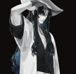  arm_up black_hair black_kimono bleach blue_eyes blue_hair brown_background character_request collarbone commentary hat highres japanese_clothes kimono long_hair looking_at_viewer multicolored_hair pale_skin short_sleeves simple_background streaked_hair upper_body very_long_hair white_headwear wide_sleeves ze_(k4onozeda04) 