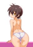  1girl back bangs closed_mouth commentary cougar_(cougar1404) cowboy_shot crotch_seam leaning_forward light_frown looking_at_viewer original panties ribbed_panties short_hair solo standing thigh_gap topless trefoil underwear underwear_only white_background white_panties 