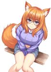  1girl absurdres animal_ears between_legs black-framed_eyewear blue_eyes closed_mouth crop_top drawstring feet_out_of_frame fox_ears fox_girl fox_tail from_above glasses grey_shorts hand_between_legs highres long_hair long_sleeves looking_at_viewer midriff navel orange_hair original plank purple_sweater rifqiaji short_shorts shorts simple_background sitting smile solo stomach sweater tail thighs v_arms white_background 