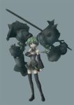  1girl armor bangs black_footwear black_skirt black_sleeves boots breasts closed_mouth commentary_request detached_sleeves expressionless full_body gauntlets green_eyes green_hair grey_shirt hair_armor hatsune_miku holding holding_sword holding_weapon long_hair looking_at_viewer medium_breasts miniskirt pleated_skirt prehensile_hair shirt simple_background skirt sleeveless sleeveless_shirt solo spiked_pauldrons spring_onion standing sword thigh_boots tsukishiro_chigiri twintails very_long_hair vocaloid weapon zettai_ryouiki 