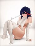  1girl areola_slip arm_support artist_name ass bare_shoulders blue_eyes blue_hair blush breasts dark_blue_hair detached_sleeves english_commentary highres kill_la_kill lucisam matoi_ryuuko medium_hair multicolored_hair navel red_hair sideboob signature sitting solo streaked_hair thighhighs virgin_destroyer_sweater white_sleeves white_thighhighs 