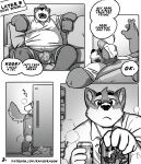  2021 absurd_res age_difference alcohol anthro appliance beer belly beverage beverage_can big_belly boss boss_and_employee bossman_(kamudragon) canid canine canis clothed clothing comic dialogue domestic_dog duo employee_(kamudragon) english_text facial_hair fridge fully_clothed hi_res holding_beer inside kamudragon kitchen_appliance male mammal mature_male monochrome multiple_scenes open_mouth overweight overweight_anthro overweight_male sitting speech_bubble spread_legs spreading text wolf 