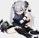  1girl annoyed bare_shoulders black_dress blush chesed_(uporyz) commentary_request crying damaged destroyer_(girls&#039;_frontline) dinergate_(girls&#039;_frontline) dress full_body girls&#039;_frontline green_eyes grey_background grey_hair hair_between_eyes hair_ornament highres mechanical_legs object_hug pillow pillow_hug pout sad sangvis_ferri simple_background sitting solo tears twintails 