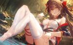  1girl bamboo blush bracelet breasts brown_eyes brown_hair cleavage commentary_request foot_out_of_frame girls&#039;_frontline girls&#039;_frontline_neural_cloud hair_between_eyes hair_ornament highres jewelry jiangyu_(girls&#039;_frontline_nc) kuroduki_(pieat) large_breasts legs looking_at_viewer mouth_hold no_shoes outdoors smile soaking_feet solo thighhighs toes twintails type_97_(girls&#039;_frontline) water white_thighhighs 