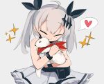  1girl aged_down ahoge animal_hug bracelet chesed_(uporyz) closed_eyes commentary dress ferret five-seven_(adventures_of_fenfen)_(girls&#039;_frontline) five-seven_(girls&#039;_frontline) girls&#039;_frontline grey_background grey_hair hair_ornament hair_ribbon heart highres jewelry official_alternate_costume red_scarf ribbon scarf simple_background sleeveless sleeveless_dress smile solo sparkle spoken_heart twintails white_dress 