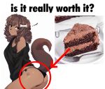  anthro black_clothing black_panties black_underwear brown_body brown_fur brown_hair butt cake canid canine canis clothed clothing dessert domestic_dog english_text female food fur hair hi_res looking_at_viewer mammal panties puppyypawss skimpy smile smiling_at_viewer solo sweater text topwear underwear 