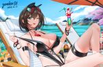  1girl absurdres alcohol aqua_eyes armband armpits artist_name beach beach_chair beach_umbrella black_choker black_one-piece_swimsuit blue_sky blurry blurry_background blush bottle bracelet breasts brown_hair champagne_flute chinese_commentary choker cleavage cloud cloudy_sky collarbone crazy_straw cross-laced_clothes cup dangle_earrings dated day drinking_glass drinking_straw earrings eyewear_on_head feet_out_of_frame flower garden03 hair_between_eyes heart heart-shaped_pupils heart_choker highleg highleg_swimsuit highres holding holding_cup jewelry knee_up large_breasts leaning_back looking_at_viewer mole mole_on_breast navel o-ring o-ring_choker ocean one-piece_swimsuit one_eye_closed open_mouth orange_flower original outdoors parfait red-tinted_eyewear shade short_hair sitting sky smile solo strap_pull sunglasses swimsuit symbol-shaped_pupils thigh_strap tinted_eyewear umbrella wet wristband 