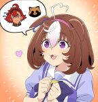  1girl :3 @_@ ahoge animal_ears blush bow bowtie brown_hair clenched_hands ears_down flying_sweatdrops gundam gundam_suisei_no_majo hairband heart horse_ears medium_hair meisho_doto_(umamusume) multicolored_hair open_mouth purple_eyes red_hair sailor_collar school_uniform short_sleeves smile solo spoken_character suletta_mercury tanuki tracen_school_uniform two-tone_hair umamusume upper_body wakoudo 