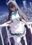  1girl absurdres anima_miko apron black_hair blue_archive blue_bow blue_bowtie bow bowtie cityscape closed_mouth dark-skinned_female dark_skin feet_out_of_frame frilled_apron frills gloves hair_between_eyes highres karin_(blue_archive) long_hair long_sleeves looking_at_viewer maid_apron maid_headdress night night_sky outdoors pantyhose short_sleeves sketch sky skyline solo white_apron white_gloves white_pantyhose yellow_eyes 