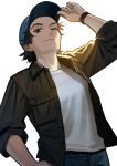  1boy arm_up backlighting black_hair blue_headwear brown_jacket closed_mouth fingernails grey_background grey_eyes hand_on_headwear hand_on_hip hat highres jacket looking_at_viewer male_focus mole mole_under_eye nashigaya_koyomi one_eye_closed original shirt_tucked_in simple_background sleeves_rolled_up smile solo watch wristwatch 