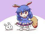  1girl :3 ambiguous_red_liquid animal_ears bangs blue_dress blue_hair blush closed_mouth dress earclip full_body hair_between_eyes kine long_hair mallet rabbit rabbit_ears red_eyes rokugou_daisuke seiran_(touhou) short_sleeves signature smile socks solo touhou white_socks 