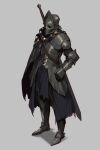  1other ambiguous_gender armor armored_boots boots breastplate from_side full_armor gauntlets grey_background helm helmet highres jiro_(ninetysix) knight original shoulder_armor simple_background solo standing sword torn_clothes weapon weapon_on_back 