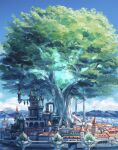  building castle city cloud day fantasy gem giant_tree glowing glowing_gem green_gemstone highres milly_(illst) mountainous_horizon no_humans ocean original scenery tower tree watercraft 