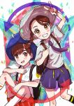  1boy 1girl absurdres arrow_(symbol) backpack bag blue_headwear blush braid brown_eyes brown_hair florian_(pokemon) hands_up hat highres holding_strap juliana_(pokemon) knees_up naranja_academy_school_uniform necktie open_mouth orange_necktie orange_shorts pokemon pokemon_(game) pokemon_sv purple_necktie purple_shorts school_uniform sheyona shirt short_hair short_sleeves shorts single_braid sitting smile standing standing_on_one_leg star_(symbol) teeth uva_academy_school_uniform v white_headwear white_shirt 