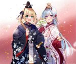  2girls anisphia_wynn_palettia blonde_hair euphyllia_magenta green_eyes grey_hair hand_fan hat hinamatsuri japanese_clothes karaginu_mo kimono long_hair multiple_girls official_art purple_eyes ritual_baton short_hair smile sword tate_eboshi tensei_oujo_to_tensai_reijou_no_mahou_kakumei weapon 