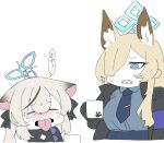  2girls absurdres animal_ear_fluff animal_ears bangs black_dress black_jacket black_ribbon blonde_hair blue_archive blue_armband blue_eyes blue_necktie blue_shirt blue_skirt blush chibi closed_eyes crying cup dress ears_down furrowed_brow grey_hair grimace hair_over_one_eye hair_ribbon half-closed_eyes halo highres holding holding_cup jacket kanna_(blue_archive) kokona_(blue_archive) looking_at_another looking_down mug multiple_girls necktie nose_blush open_clothes open_jacket open_mouth raised_eyebrows ribbon sharp_teeth shima_(wideshi_ma) shirt shirt_tucked_in simple_background skirt sweat teeth tie_clip tongue tongue_out translated upper_body white_background 