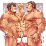  2boys arm_hair bara beard biceps black_hair blush bombom brown_eyes brown_hair bulge chest_hair covered_penis cross_scar erection erection_under_clothes eye_contact facial_hair flexing from_side frown fundoshi grin hairy highres houzouin_oniwaka japanese_clothes large_pectorals leg_hair long_sideburns looking_at_another male_focus mature_male multiple_boys muscular muscular_male navel_hair nipple-to-nipple nipples pectorals penis scar scar_on_face scar_on_forehead short_hair sideburns small_penis smile snowing standing steaming_body stomach stubble sweat takabushi_kengo thick_eyebrows thick_thighs thighs tokyo_afterschool_summoners veins veiny_arms 