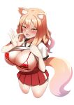  1girl animal_ears bangs bikini blush breasts cleavage clothes_lift fate/extra fate/extra_ccc fate/extra_ccc_fox_tail fate_(series) fox_ears fox_girl fox_tail highres large_breasts long_hair looking_at_viewer open_mouth orange_eyes orange_hair red_bikini red_skirt shirt shirt_lift short_sleeves sidelocks skirt smile solo suzuka_gozen_(fate) swimsuit tail thighs tongue tongue_out white_shirt yuzu_kiro 