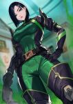  1girl absurdres belt black_belt black_hair black_thighhighs blurry blurry_background bodysuit breasts closed_mouth from_below green_bodysuit green_eyes highres holding kagematsuri looking_at_viewer looking_down medium_breasts short_hair solo thighhighs valorant viper_(valorant) 
