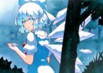  1girl bangs bird bird_on_hand blue_bird blue_bow blue_dress blue_eyes blue_hair bow cirno commentary_request dress forest from_behind hair_bow highres ice ice_wings looking_at_viewer looking_back medium_hair nature open_mouth qqqrinkappp shirt short_sleeves solo touhou traditional_media tree upper_body white_shirt wings 