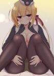  1girl arihara_nanami ass bangs black_capelet black_jacket black_pantyhose blonde_hair blush braid breasts breasts_out cameltoe capelet chataring_mai cleavage closed_mouth commentary facing_viewer hair_between_eyes hair_ribbon hands_on_own_thighs hat head_tilt highres jacket knees_together_feet_apart knees_up large_breasts lens_flare light_particles long_hair looking_at_viewer low_twintails midriff military military_hat military_uniform mini_hat no_bra open_clothes open_jacket panties panties_under_pantyhose pantyhose presenting red_eyes red_ribbon ribbon riddle_joker seductive_smile shiny_skin side_braid sidelocks simple_background sitting smile solo spread_pussy_under_clothes straight-on thick_thighs thighs twintails underwear uniform very_long_hair yellow_panties 
