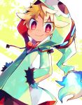  1boy blonde_hair blue_fire bow bowtie dei_(hiyo) disgaea emizel_(disgaea) fire green_hoodie hands_in_pockets hood hoodie makai_senki_disgaea_4 male_child male_focus red_bow red_bowtie red_eyes smile solo 