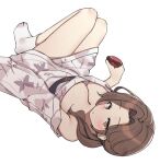  1girl aa211108 animal_print bare_legs bath_yukata blush breasts brown_hair butterfly_print choko_(cup) cleavage cup hair_over_shoulder holding holding_cup idolmaster idolmaster_cinderella_girls japanese_clothes kawashima_mizuki kimono kimono_pull knees_up large_breasts looking_at_viewer side_ponytail simple_background solo upside-down white_background yukata 