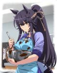  2girls animal_ears apron bandaid bandaid_on_face bandaid_on_nose biwa_hayahide_(umamusume) black_hair blurry blurry_background bow bowl bowtie breasts chocolate_making closed_mouth dirty dirty_face holding holding_bowl holding_whisk horse_ears horse_girl horse_tail indoors medium_breasts multiple_girls narita_brian_(umamusume) ponytail purple_shirt purple_skirt racing rope sailor_collar shimenawa shirt skirt sleeves_pushed_up solo_focus standing sweatdrop tail umamusume v-shaped_eyebrows wakoudo whisk yellow_eyes 