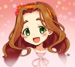  1girl brown_hair collarbone commentary_request floral_background green_eyes hairband highres idolmaster idolmaster_cinderella_girls kusakabe_wakaba long_hair open_mouth orange_hairband portrait smile solo yakou_kino 