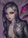  1girl artist_name bluemist72 bodysuit breasts closed_mouth collarbone detached_wings floating floating_object grey_bodysuit highres kai&#039;sa league_of_legends long_hair looking_at_viewer medium_breasts purple_eyes shiny_skin solo upper_body wings 