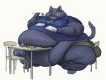  2020 anthro barefoot belly big_belly bottomwear cettus chair chopsticks chubby_cheeks clothed clothing domestic_cat double_chin eating eating_food eyes_closed fat_rolls feet felid feline felis food fur furniture glass grey_body grey_fur hi_res holding_chopsticks holding_object huge_belly male mammal morbidly_obese morbidly_obese_anthro morbidly_obese_male obese obese_anthro obese_male overweight overweight_anthro overweight_male russian_blue shirt shorts simple_background sitting solo sushi table thick_thighs topwear tray water white_background 