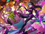  2girls black_hair blonde_hair blue_eyes bodysuit boots breasts claw_(weapon) colored_inner_hair commentary_request explosion full_body girls&#039;_frontline girls&#039;_frontline_neural_cloud gloves green_jacket highres jacket laomotou large_breasts long_hair looking_at_viewer monster multicolored_bodysuit multicolored_clothes multicolored_hair multiple_girls nascita_(girls&#039;_frontline_nc) one_eye_closed pink_eyes pink_hair puzzle_(girls&#039;_frontline_nc) smile symbol-shaped_pupils tentacles very_long_hair w weapon wheel 