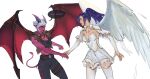  2girls :d alternate_costume angel angel_wings bangs belt black_choker black_pants blue_hair breasts brown_belt caitlyn_(league_of_legends) character_name choker cleavage colored_skin cowboy_shot demon_girl demon_horns demon_tail demon_vi demon_wings dress english_text garter_straps goggles goggles_around_neck grey_hair highres holding_hands horns large_breasts league_of_legends looking_at_another medium_breasts multiple_girls official_alternate_costume pants pointy_ears ponytail red_eyes red_skin ribbedtank simple_background smile speech_bubble tail thighhighs vi_(league_of_legends) white_background white_dress white_thighhighs wings 