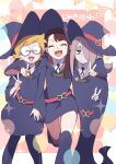  3girls anniversary arikindows10 blonde_hair brown_hair commentary_request facing_viewer feet_out_of_frame freckles glasses hair_over_one_eye hat highres kagari_atsuko light_purple_hair little_witch_academia long_hair long_sleeves looking_at_viewer lotte_jansson luna_nova_school_uniform multiple_girls multiple_sources open_mouth pale_skin red_eyes school_uniform semi-rimless_eyewear short_hair sucy_manbavaran twitter_username v witch_hat 