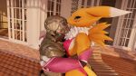  3d_(artwork) anthro bandai_namco black_sclera blender_(software) breasts canid canine clothed clothing dankestafterdark digimon digimon_(species) digital_media_(artwork) duo embrace female fur green_(dankestad) hair hi_res hug human human_on_anthro interspecies looking_at_another looking_at_partner male male/female mammal renamon side_boob side_view smile white_body white_fur yellow_body yellow_fur 