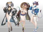  3girls ;) ;p adapted_costume animal_ear_fluff animal_ears arknights bangs bare_shoulders bear_ears bikini black_hair black_leotard blonde_hair blue_jacket braid breasts cleavage cleavage_cutout clothing_cutout coat covered_navel cow_tail denim denim_shorts eyewear_on_head fang feater_(arknights) full_body gradient_background grey_background grey_hair hair_between_eyes hair_ornament hand_on_headwear hat highres horns jacket large_breasts leotard long_hair long_sleeves looking_at_viewer multicolored_hair multiple_girls navel off_shoulder official_alternate_costume one_eye_closed open_clothes open_coat panda_ears pink_eyes purple_eyes purple_hair short_hair short_shorts shorts sideroca_(arknights) sideroca_(light_breeze)_(arknights) skin_fang skindentation smile standing stomach streaked_hair striped striped_bikini sunglasses swimsuit tail takechi_akinobu thigh_strap thighs tongue tongue_out twintails utage_(arknights) utage_(summer_flowers)_(arknights) white_hair 