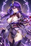  1girl bangs blush breasts bridal_gauntlets cleavage cowboy_shot eternity_(shadeh) genshin_impact highres japanese_clothes kimono large_breasts long_hair looking_at_viewer mole mole_under_eye nail_polish purple_eyes purple_hair purple_kimono purple_nails purple_thighhighs raiden_shogun sash smile solo thighhighs thighs 