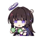  1girl ? brown_hair chibi commentary_request dress gameplay_mechanics girls&#039;_frontline girls&#039;_frontline_neural_cloud halo headset highres holding long_hair mechanical_halo nanaka_(girls&#039;_frontline_nc) open_mouth purple_eyes simple_background solo upper_body white_background white_dress wwca3445 