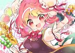  1girl :d brown_tabard bun_cover chain commentary_request cuffs double_bun flower food green_skirt hair_bun holding holding_food ibaraki_kasen long_hair looking_at_viewer mikako_chan3 open_mouth pink_flower pink_hair pink_rose puffy_short_sleeves puffy_sleeves red_eyes red_flower red_rose rose shirt short_sleeves skewer skirt smile solo tabard touhou upper_body v_over_eye white_shirt 