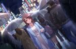  bag blue_coat blush coat collarbone dress dutch_angle extra handbag holding holding_umbrella idolmaster idolmaster_cinderella_girls idolmaster_cinderella_girls_starlight_stage jewelry looking_at_viewer mifune_miyu necklace night night_sky official_art outdoors rain road sign sky solo_focus street umbrella wet wet_clothes wet_hair white_dress 