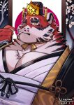  1boy animal_ears bara chinese_clothes crave_saga dated furry furry_male hand_up highres large_pectorals linqiankira looking_at_viewer male_focus mature_male mian_guan muscular muscular_male open_clothes orange_fur pectoral_cleavage pectorals pointing pointing_at_self solo thick_eyebrows tiger_boy tiger_ears two-tone_fur upper_body yata_no_kagami_(crave_saga) 