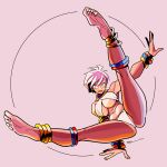  1girl bangle barefoot bikini bracelet breasts callan_(callancoe) capoeira commentary_request dated elena_(street_fighter) feet jewelry large_breasts neck_ribbon open_mouth pink_hair ribbon short_hair signature simple_background soles solo street_fighter street_fighter_iii_(series) swimsuit white_bikini 