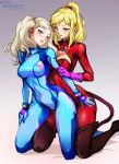  2girls artist_name behind_another blonde_hair blue_bodysuit blue_eyes bodysuit breasts cat_tail cleavage closed_mouth cosplay costume_switch crossover dated gloves green_eyes high_ponytail kneeling large_breasts lips looking_at_viewer medium_breasts metroid mina_cream multiple_girls parted_lips persona persona_5 purple_gloves red_bodysuit samus_aran skin_tight tail takamaki_anne twintails zero_suit 