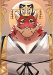  1boy animal_ears bara chinese_clothes crave_saga framed furry furry_male male_focus mature_male mian_guan orange_fur pectoral_cleavage pectorals solo straight-on thick_eyebrows tiger_boy tiger_ears two-tone_fur upper_body yata_no_kagami_(crave_saga) ye_xiang_(l3yj2vcknincza7) 