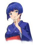  1girl ai_yori_aoshi bangs blue_eyes blue_hair blush breasts commentary_request highres japanese_clothes kimono long_sleeves looking_at_viewer medium_breasts open_mouth sakuraba_aoi short_hair smile solo white_background yoo_tenchi 