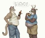  2020 alcohol anthro beer beer_bottle belly beverage big_belly bottle bottomwear brown_body brown_fur burger cargo_shorts cettus clothing container cougar deer denim denim_clothing dialogue duo eating english_text felid feline food fur hand_on_hip hi_res holding_beverage holding_food holding_object jeans male mammal midriff overweight overweight_anthro overweight_male pants shirt shorts simple_background speech_bubble standing tan_body tan_fur tank_top text topwear white_background 