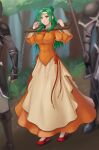  1girl 2others absurdres breasts chain circlet commentary_request dress elincia_ridell_crimea fire_emblem fire_emblem:_path_of_radiance forest full_body green_hair hair_bun hands_up hazuki_(nyorosuke) highres large_breasts long_hair long_sleeves multiple_others nature orange_dress outdoors pillory red_footwear shoes wide_sleeves yellow_eyes 